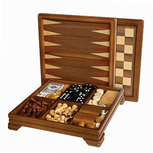 WE Games Walnut 7Gamesin1 Combination Game Set Includes Chess Checkers Backgammon Dominoes Cribbage Poker Dice and Cards