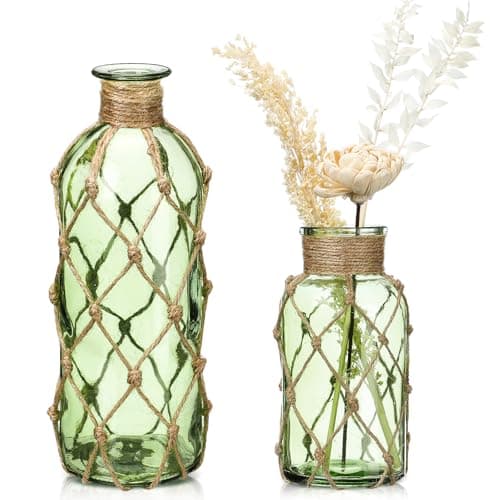 Chuangdi Set of 2 Coastal Glass Vases for Flowers TSITP Flower Vase with Boho Rope Small Sea Glass Jar Nautical Beach Bottle for Wedding Table Centerpieces Floral Arrangement Decor(Green)