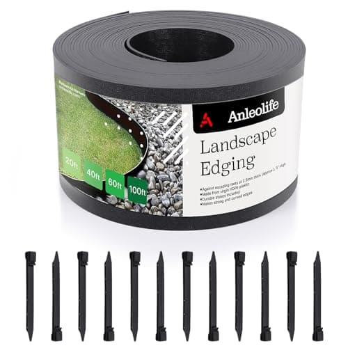 A ANLEOLIFE 40FT Flexible Plastic Landscape Edging Coil, 5" Black Garden Border for Yard, Flower Beds & Pathways, Anti-UV, 12 Stakes for Easy Install