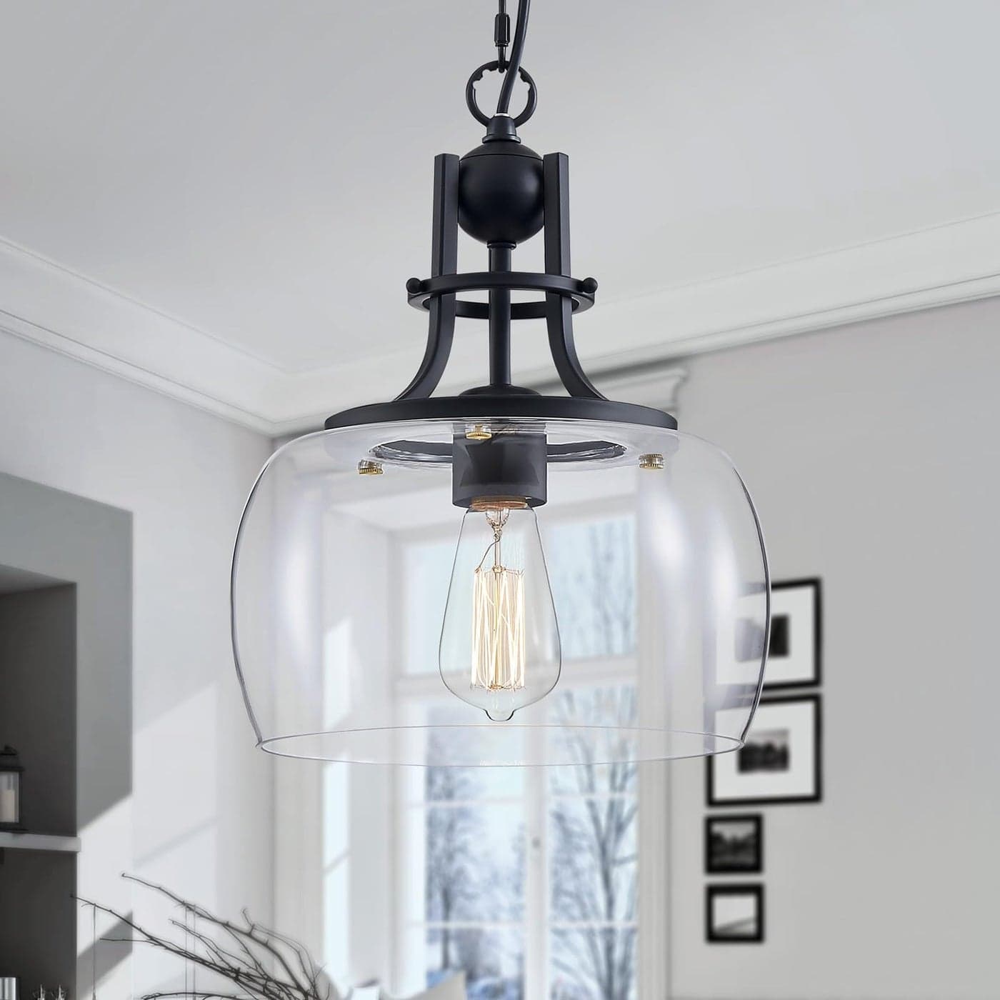 WUZUPS Chandelier Rustic Farmhouse Industrial Round Ceiling Pendant LED Light Fixture with Clear Glass Shades for Dining Room Kitchen Island Foyer Entryway H 13 x W 10 E26 Base Black