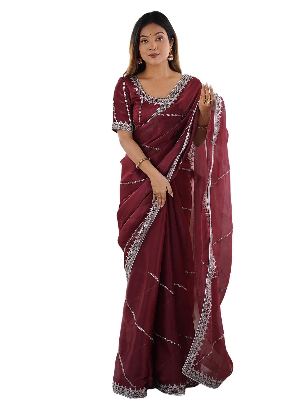 Satrani Women's Tissue Silk Sequin Embroidery Saree with Unstitched Blouse Piece (4472S112N_Maroon)