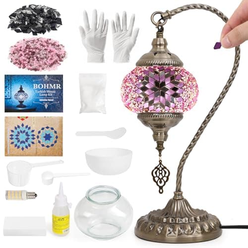 BOHMR DIY Turkish Mosaic Lamp Kit for Adults,Swan-Neck Stained Glass Lamp Making Kit- Easy,Fun,No Experience Needed, Mosaic Art & Craft Project Kits for Adults & Teens,Make Your Own Table Lamp,Pink