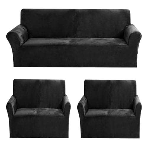 Gifts Island® Premium Velvet Sofa Cover 3 Seater and 2 Seater Fully Covered Universal 5 Seater Sofa Cover Non-Slip Sticky Elastic Stretchable Sofa Set Slipcover Protector for (3+1+1 Seater), Black