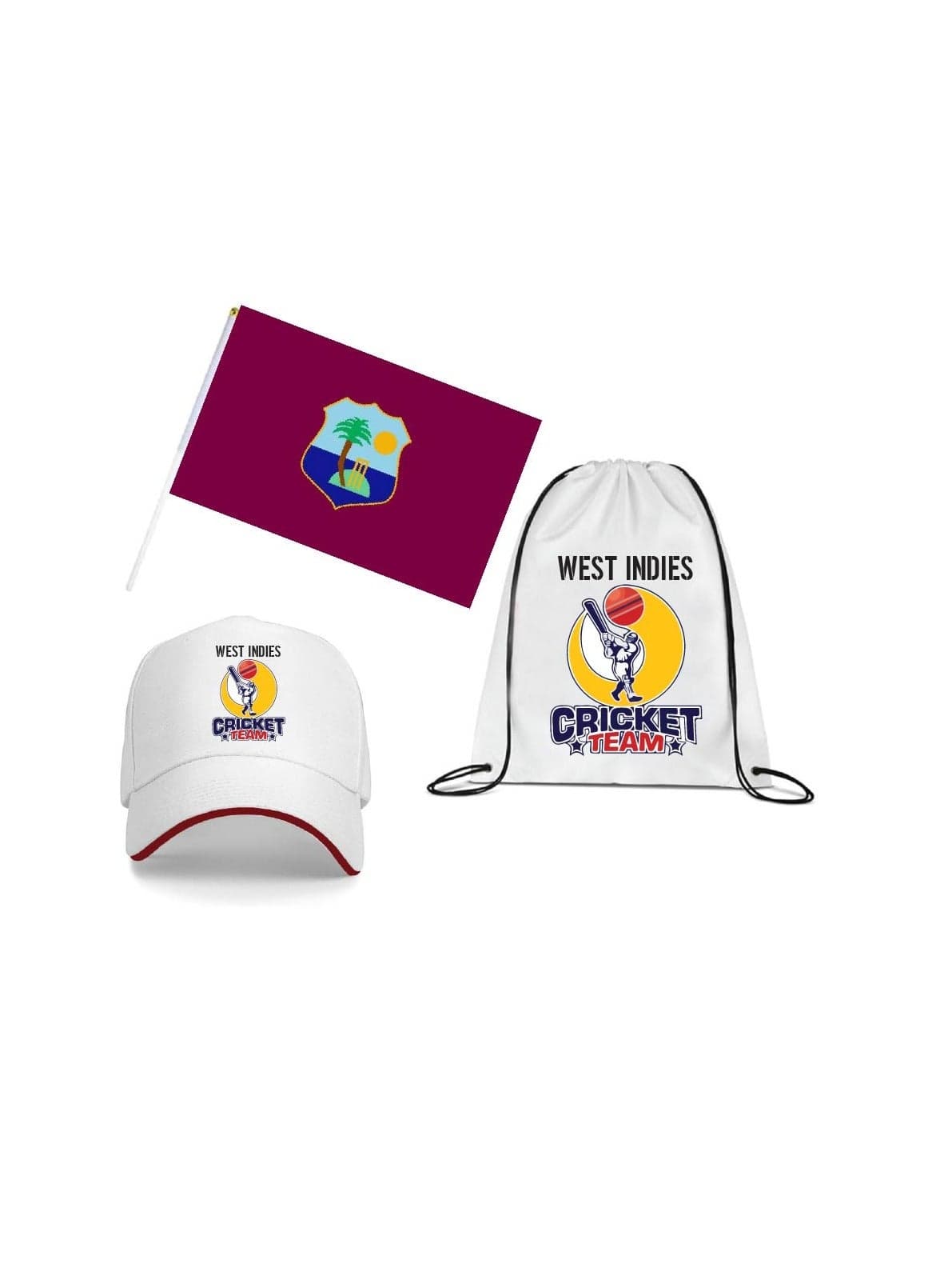 West Indies Sports Cricket Fans Combo Pack for Adults - Pack of 3 - Drawstring Bag, Hand Flag, Cap - Perfect for West Indies Sports Events and Cricket Matches