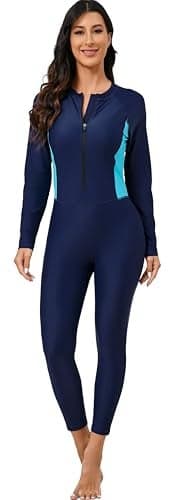 ALLTOKE Womens Full Body Rash Guard with Built in Bra Long Sleeve One Piece Swimsuit UPF50+ Zip Front Bathing Suit Navy M
