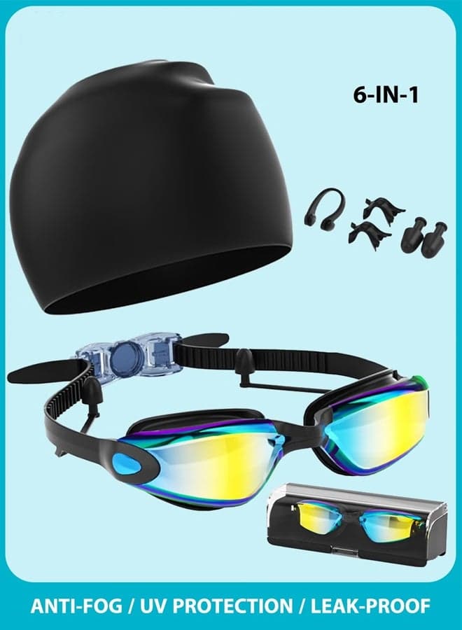 6-in-1 Anti-Fog Swimming Goggles Set with Cap, Earplugs Nose Clip, Leak-Proof UV Protection Swim Glasses, Adjustable Waterproof Goggles for Men Women