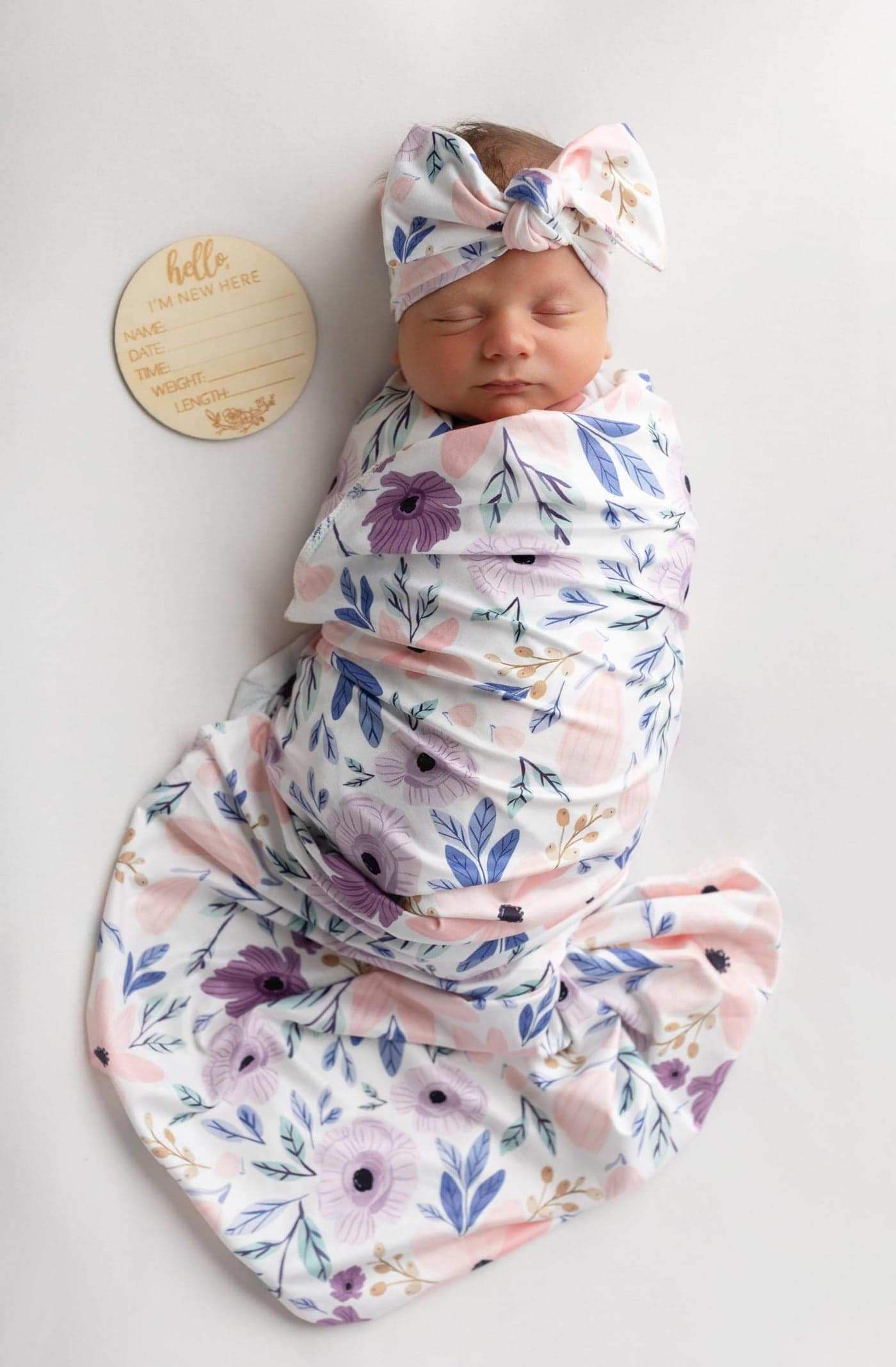 Vollmic Newborn Baby Girl Receiving Blanket Swaddle Blanket Stretchy Knit Swaddle Set with Matching Headband Beanie with a Name Card (Pink and Purple Floral)