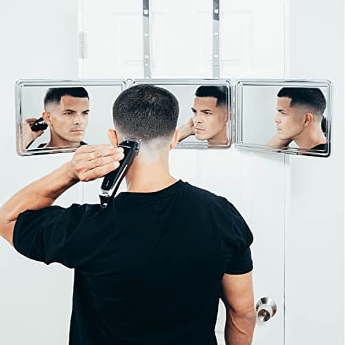 Self Cut System 3 Way Mirror for Self Hair Cutting, Trifold Barber Mirror with Height Adjustable Hooks, 360 View, Includes Free Educational Mobile App (Black Lambo)