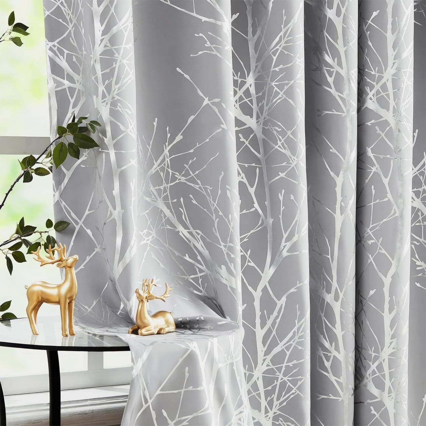Fmfunctex Grey Silver Blackout Curtains for Bedroom 72 inch Drop Eyelet Curtains for Living Room Tree Branch Foil Thermal Insulated Window Curtain Panels 2 Panels