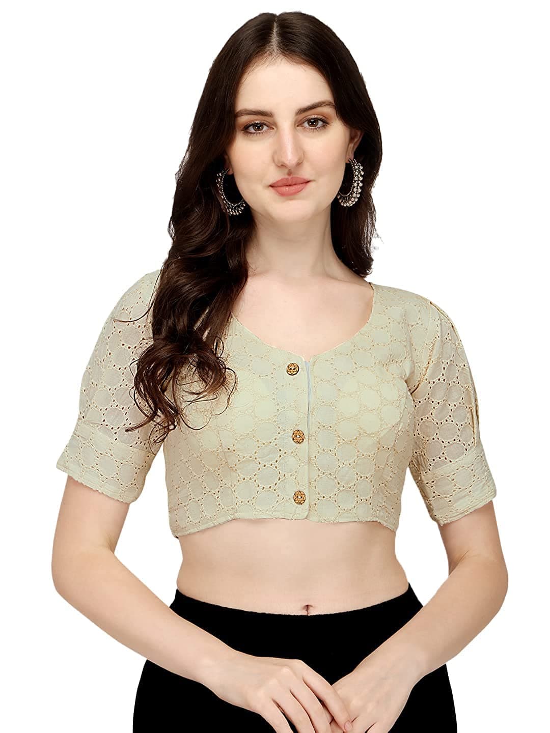Pujia Mills Women's Cotton Chikankari Embroidery Work Readymade Saree Blouse (36, Dusty White)