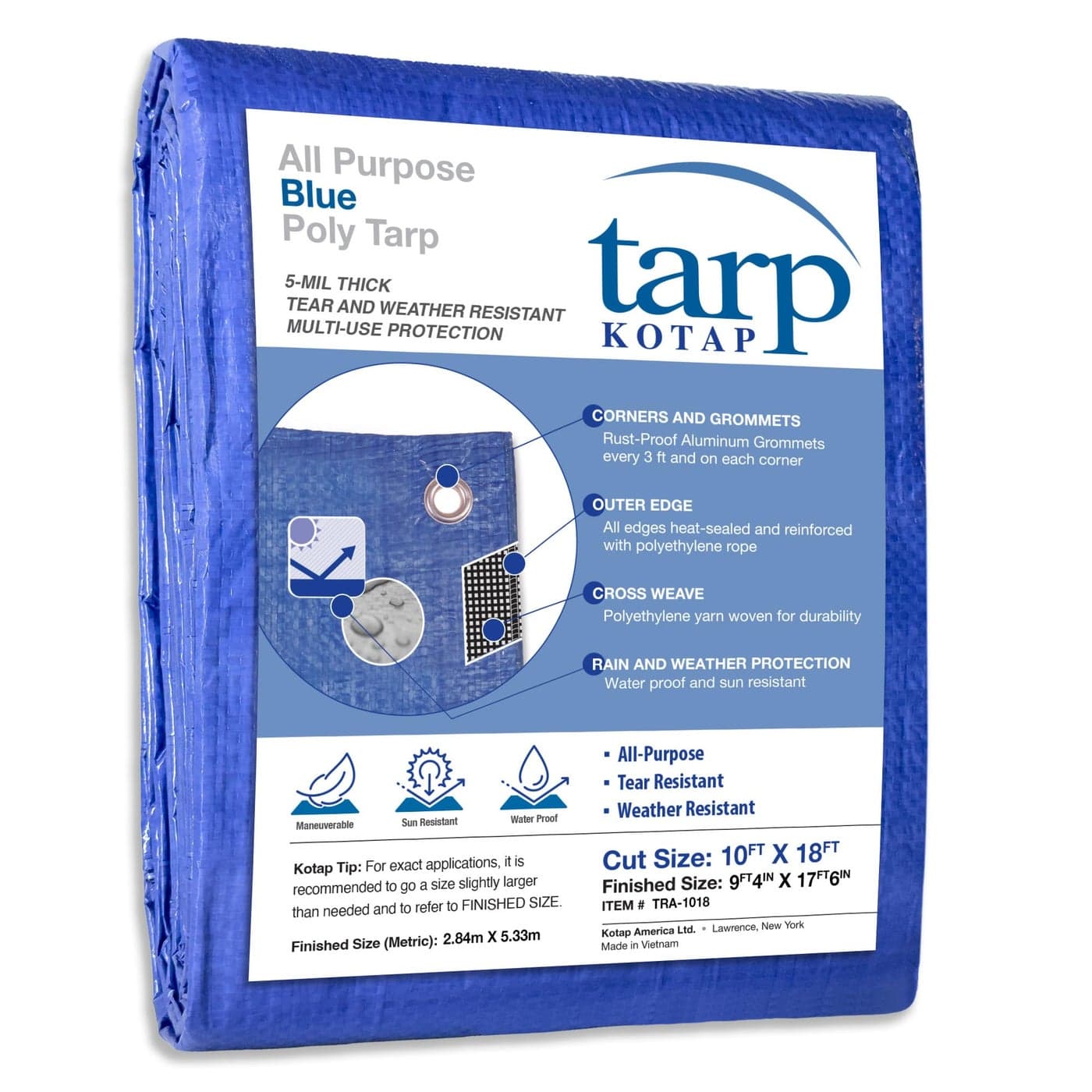 Kotap TRA1018 Waterproof AllPurpose MultiUse ProtectionCoverage 5mil Poly Tarp Cut Size 10 x 18Finished Size 9 4 X 17 6 Blue