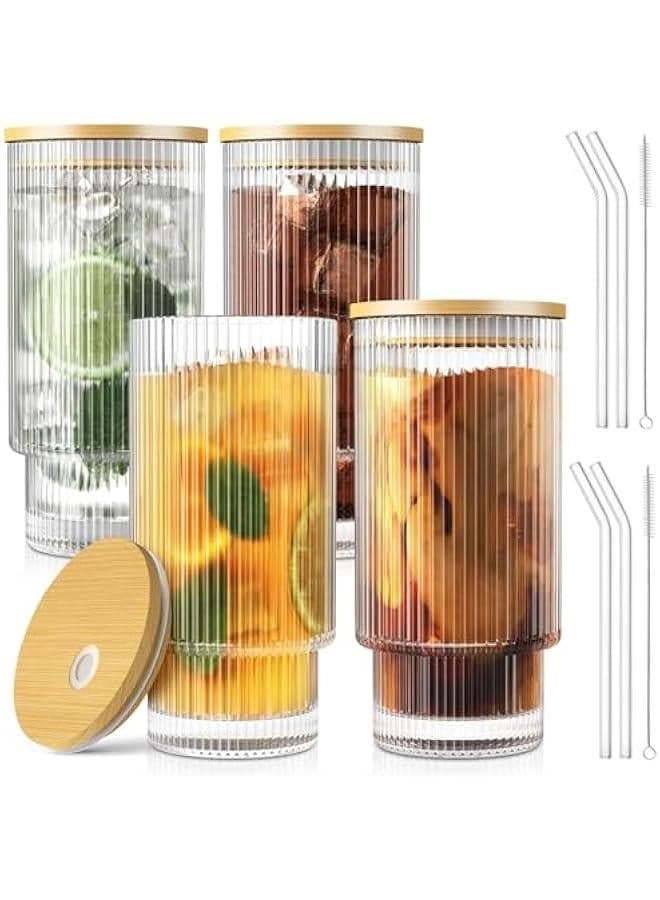 16OZ Ribbed Glass Cups with Bamboo Lids and Glass Straws 4 Pack, Vintage Glassware for Whiskey Cocktail Beer, Iced Coffee Cups for Cute Gifts