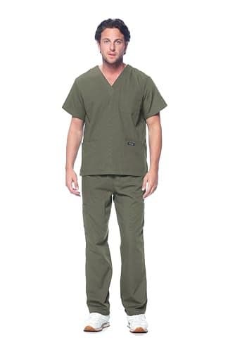 Dagacci Scrubs for Men Set - V-Neck Scrub Top and Cargo Pants - 8 Pockets Men Scrubs Set (Medium, Olive Green)