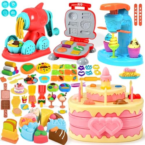 SOCBTNSO 4 in 1 Dough Sets 70 PCS for Kids Ages 48 Dough Tools Kit with Ice Cream Noodle Hamburger Cake Maker Machine Kitchen Creations Art Crafts Food Play Toys for Boys Girls Ages 3