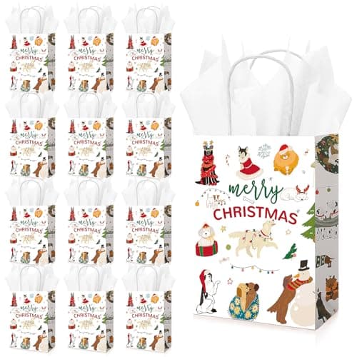 Kolldenn 25 Sets Christmas Dog Gift Bags Bulk with Tissue Paper Dog Themed Christmas Gift Bags with Handles for Puppy Lovers Presents Wrapping Birthday Party Favors