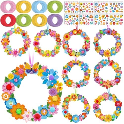 Hollowfly 48 Sets Flower Wreath Craft Kits DIY Summer Hanging Ornaments Decoration Make Your Own Floral Paper Craft with Stickers for Spring Summer Party Favors Seasonal Activities Supplies
