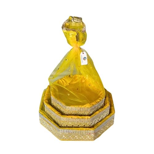 SANWALSA (Set of 3-8",10",12" inch, Hexagon, Stone Lace, Color-Yellow) MDF Base Designer Gift Hamper Packaging Baskets with Net Cover, Gift Hamper Organiser Perfect for Any Occasion