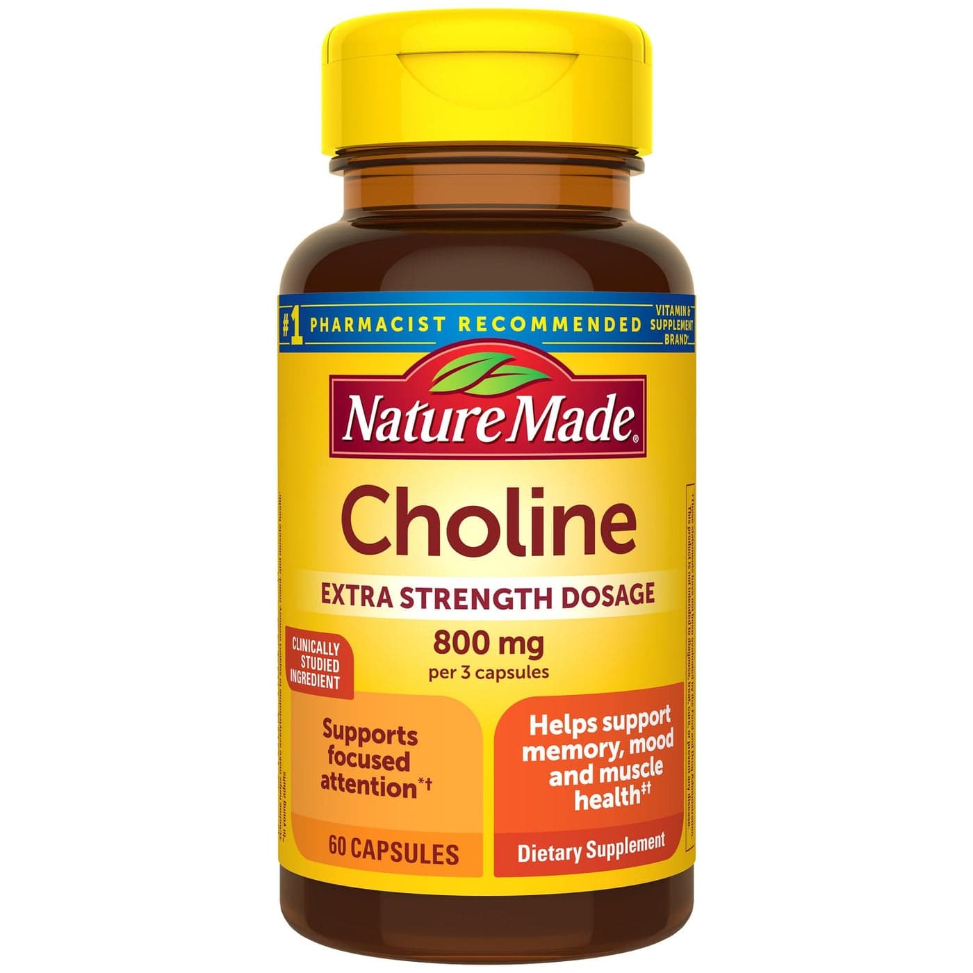Nature Made Extra Strength Dosage Choline Supplements 800 Mg Per 3 Capsules Brain Health Mood Muscle Liver Support Vegetarian 60 Capsules 20 Day Supply
