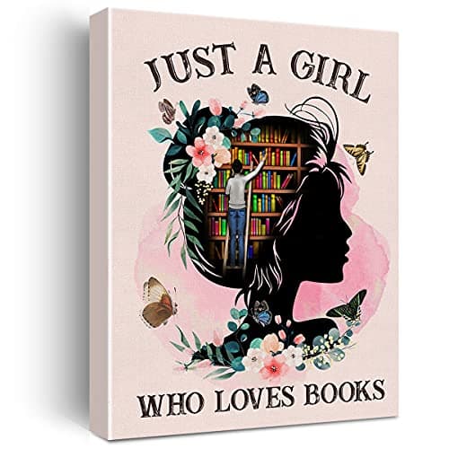 Just a Girl Who Loves Books Canvas Painting Prints for Home Wall Decor Framed Reading Artwork Book Lover Gifts for Women (12x15 Inch)