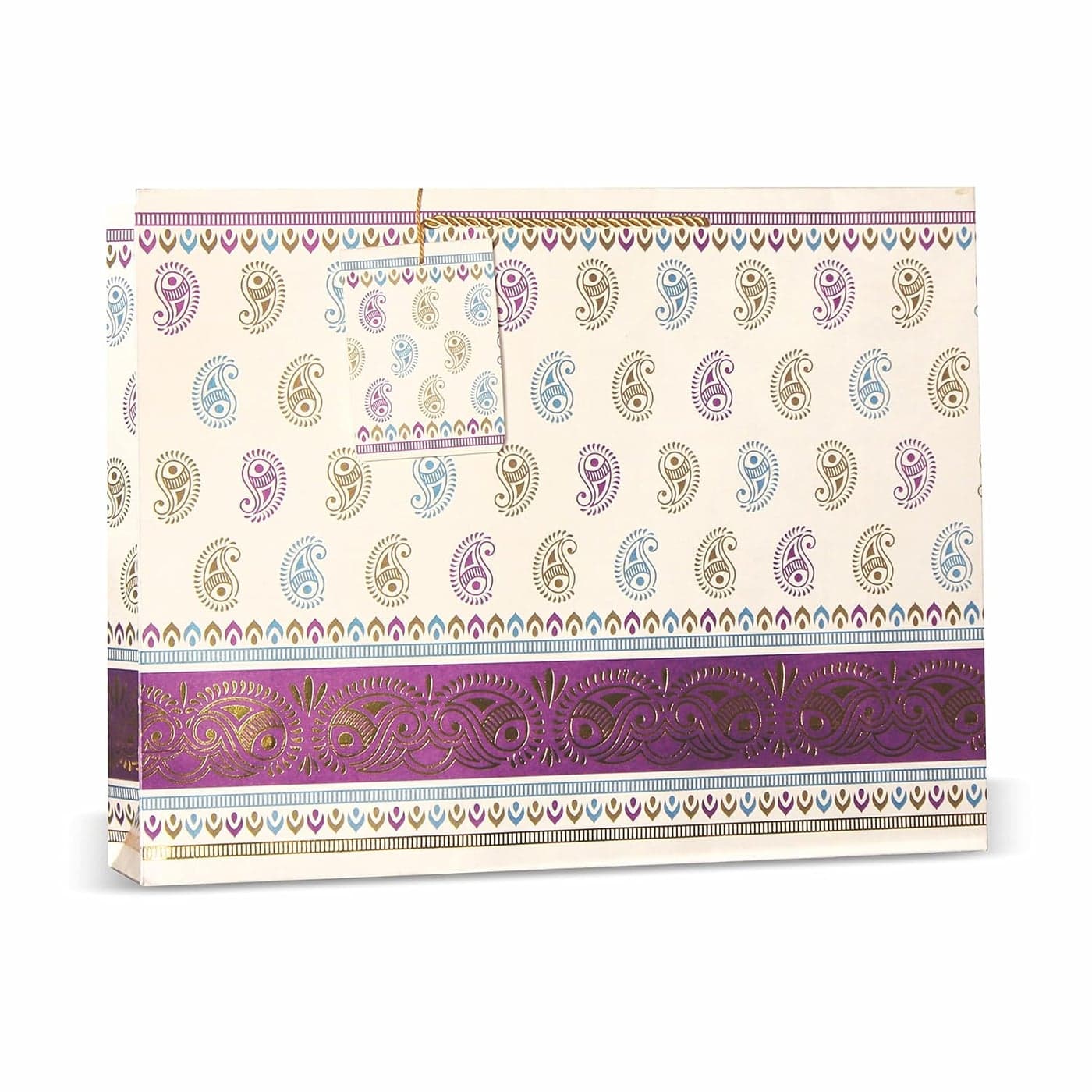 VESTTA ELEGANCE REDEFINED Gift Paper Bag Extra Large 17 L x 5 B x 13 H Inches Traditional Paisley Golden Border Matt Finish for Weddings Diwali with Gift Tags Purple Pack of 5