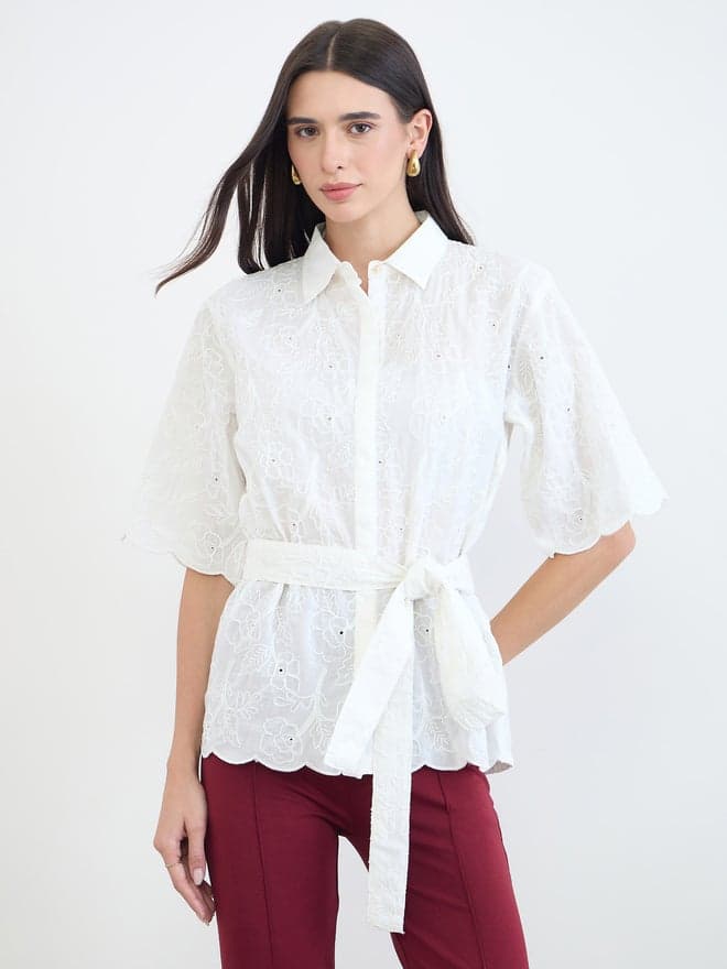 Off White Schiffli Cotton Shirt with Belt