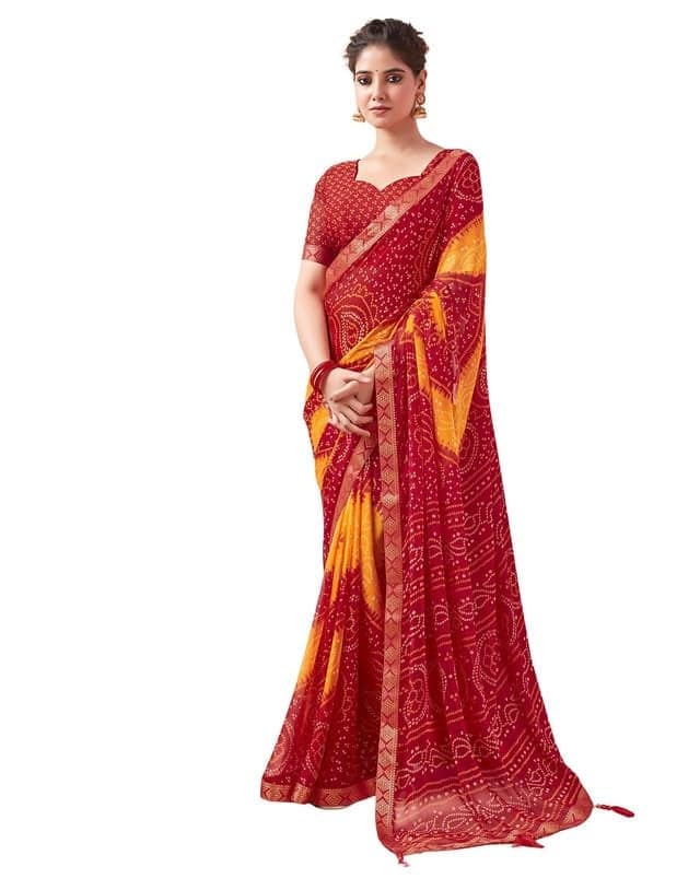 SIRIL Women's Chiffon Bandhani Printed Saree With Unstitched Blouse Piece (3728S2631_Red & Yellow)