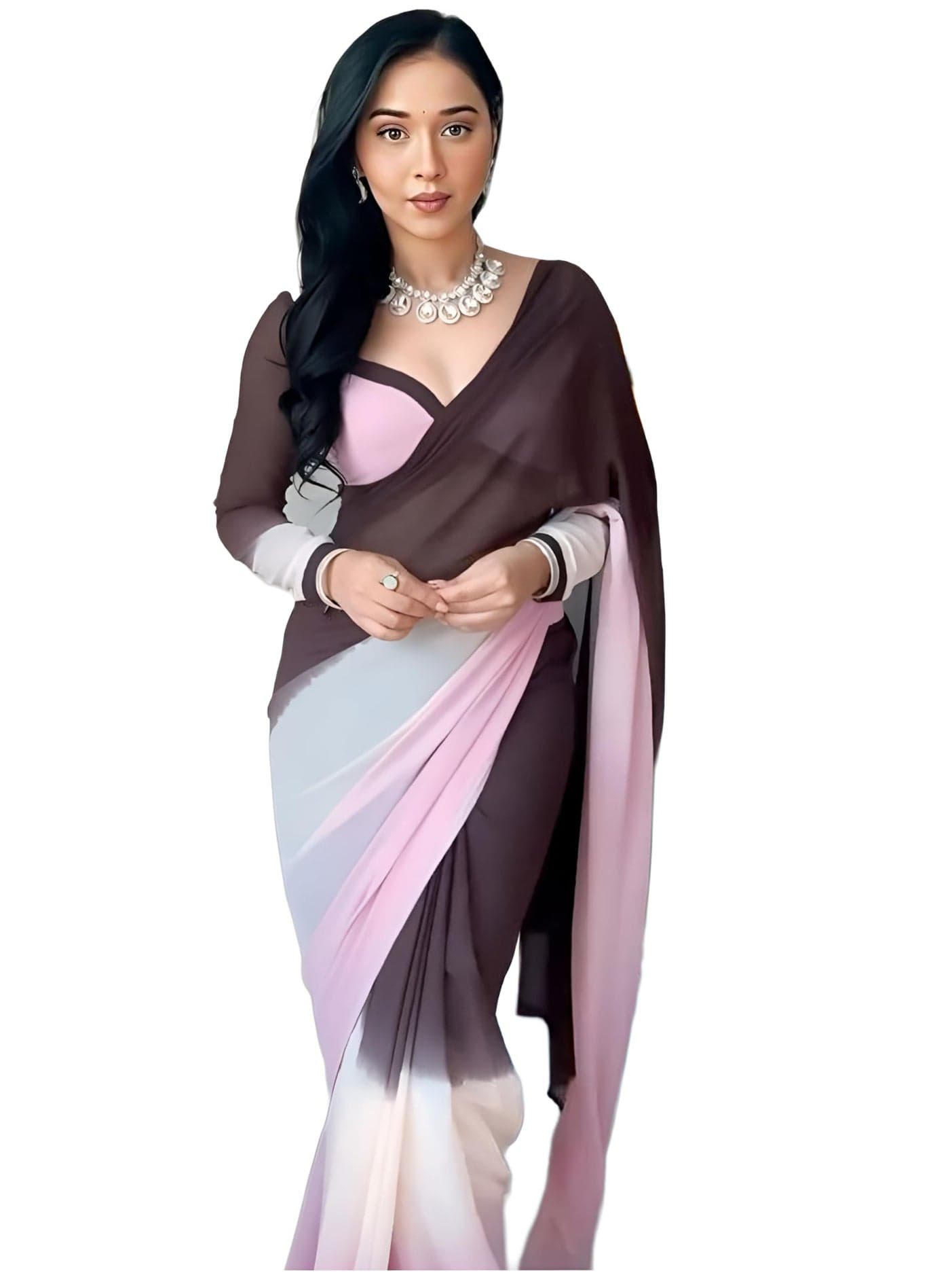 Sidhidata Women's Printed Ombre Georgette Ready To Wear One Minute Saree With Unstitched Blouse Piece (Millan Pink-Coffee_Pink-Coffee_Free Size)