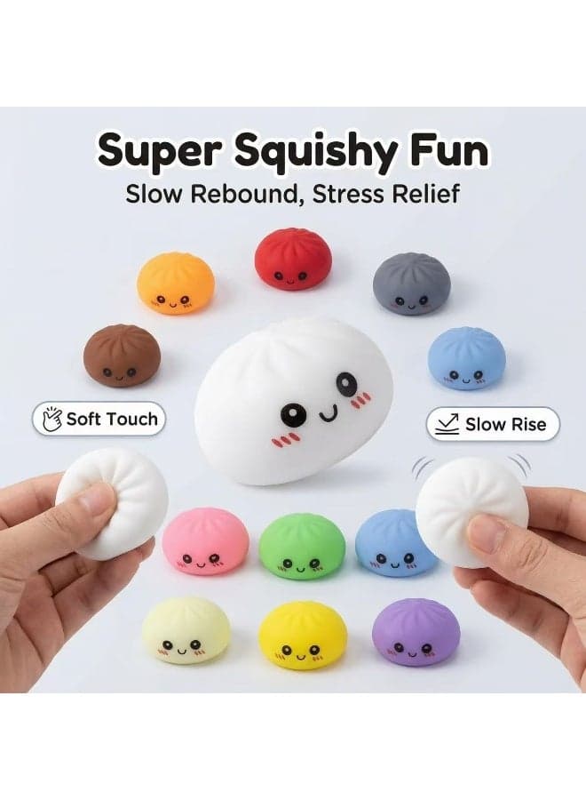 12 Pack Cute Steamed Bun Squishies, Colorful Kawaii Bao Bun Stress Relief Toys, Slow Rebound Soft Squeeze Fidget Toys with Funny Faces, Food-Shaped Decompression Toys for Kids Adults Party Favors