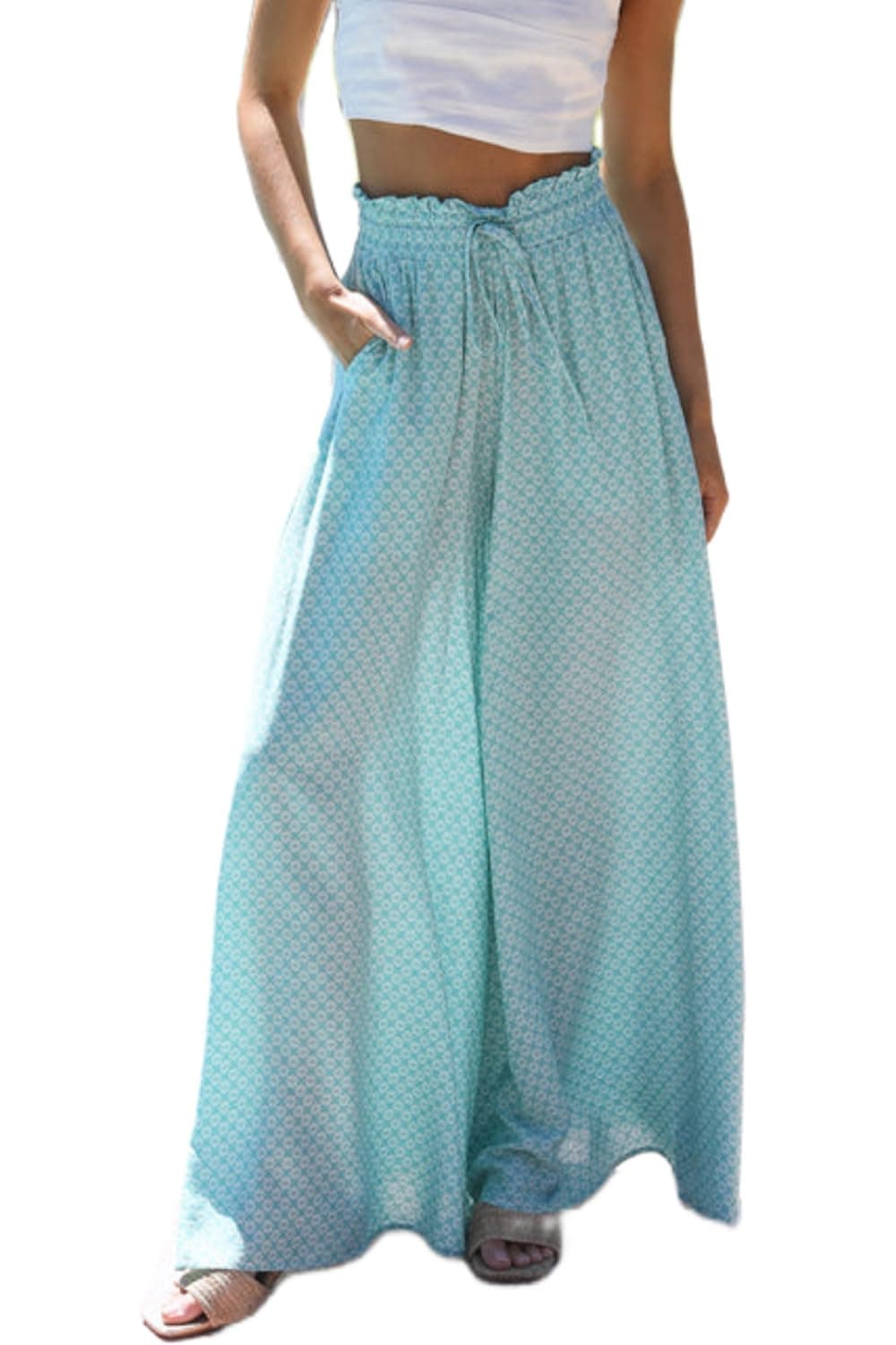 YOCUR Women Summer Beach Vacation Pants High Waisted Wide Leg Floral Palazzo Printed Loose Flowy Casual Pockets Pants Blue XXL
