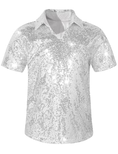 Spring&Gege Boy's Short Sleeve Turndown Sparkle Sequins Polo Shirt 70s Disco Costume T-Shirt, Silver Gray, Size 7-8 Years