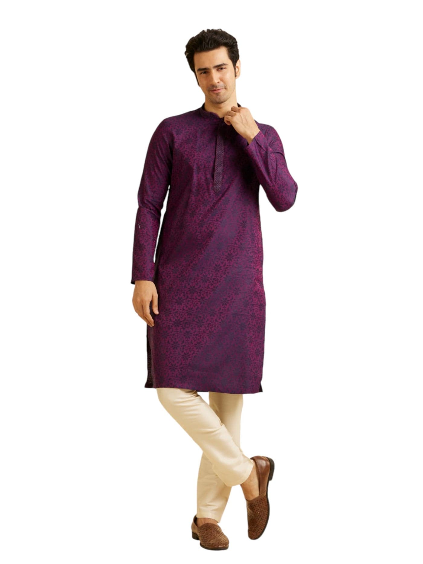 Manyavar Men's Viscose Blend Jacquard Embroidered Kurta Pyjama Set (Purple,XXL)