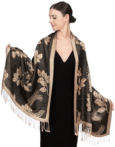 Achillea Soft Silky Reversible Paisley Pashmina Shawl Wrap Scarf w/Fringes (Floral Black Gold)