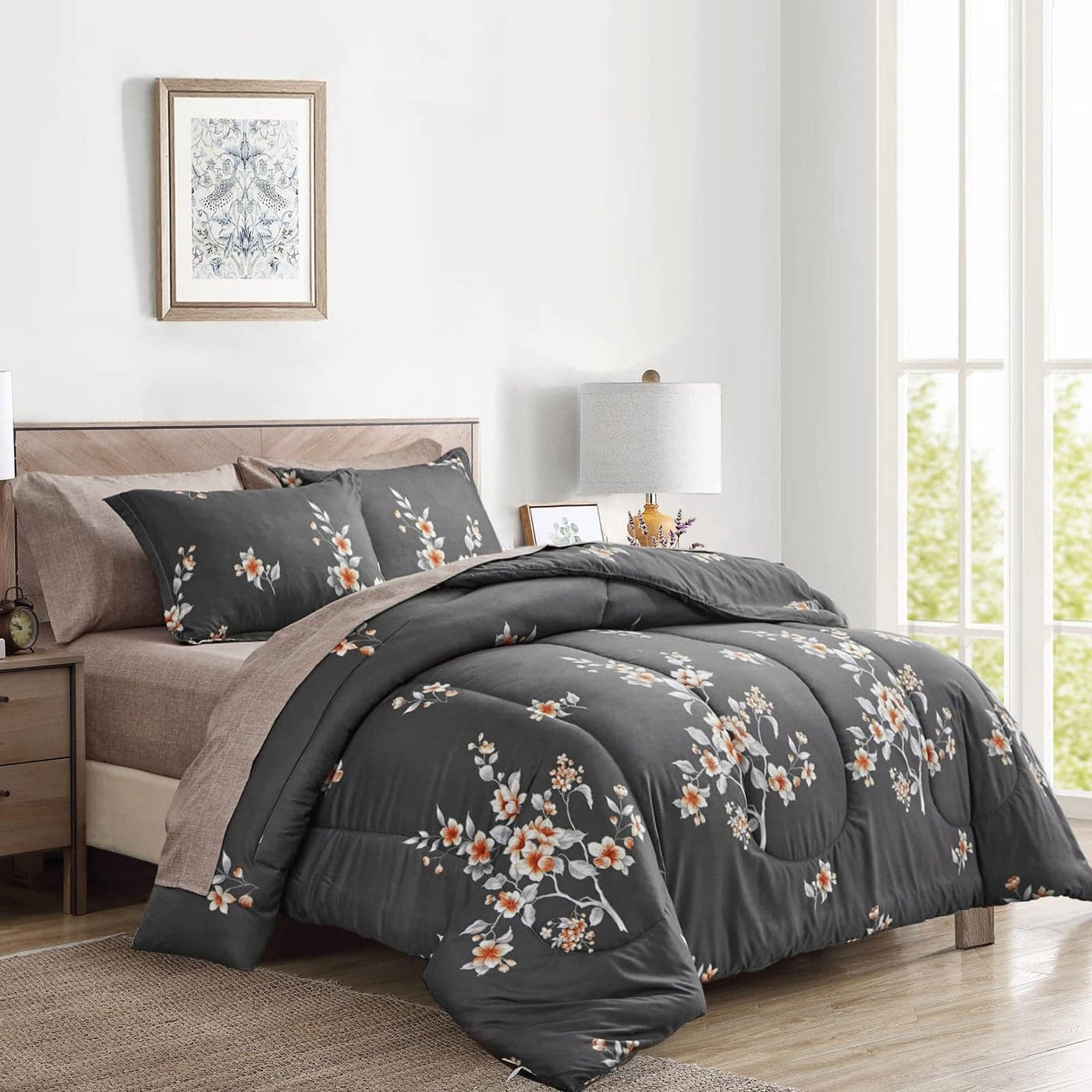 7 Pieces Bed in a Bag Queen Comforter Set with Sheets Dark Grey Floral Design Soft Microfiber Bedding Sets for All Season 1 Comforter 2 Pillow Shams 1 Flat Sheet 1 Fitted Sheet 2 Pillowcases