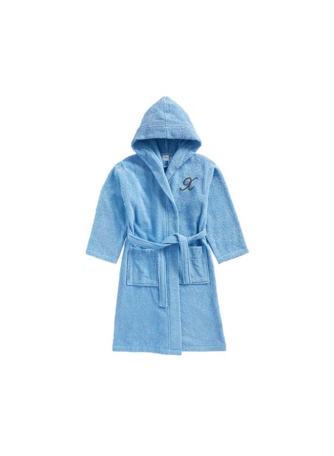 Daffodil (Light Blue) Monogrammed 8 Year Kids Bathrobe (112 x 113 Cm) Hooded Terry Cotton Set of 01 - Letter "X"