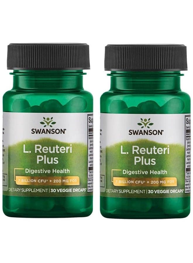 L. Reuteri Probiotic Plus w/L. Rhamnosus L. Acidophilus & FOS Prebiotic Digestive Support - Promotes Gut Health w/ 7 Billion CFU per Capsule - (30 Veggie Capsules) 2 Pack