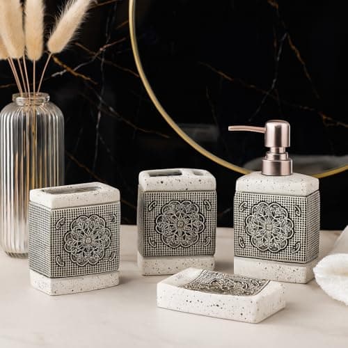 Whizzo Ceramic Floral Design Bathroom Set - Roman 4 Piece Bath Accessories Set with Soap Dispenser, Toothbrush Holder, Tumbler & Soap Dish - Modern Décor for Home & Gift (BS-900-White)