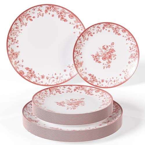 Trendables Disposable Plates For Party Supplies | Pink Floral Plastic Plates For Wedding 200 Pcs - 100 X 8 & 100 X 10 Dinner Plate Sets | Floral Plate Set Disposable Plastic Dinnerware Sets