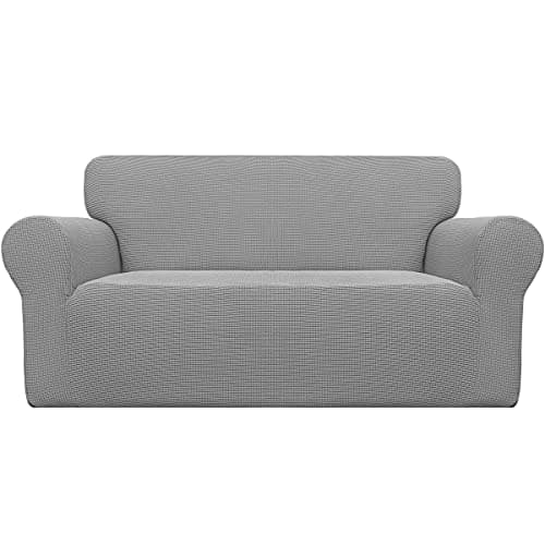 Easy-Going Stretch Loveseat Slipcover 1-Piece Sofa Cover Furniture Protector Couch Soft with Elastic Bottom for Kids Polyester Spandex Jacquard Fabric Small Checks (Loveseat, Light Gray)