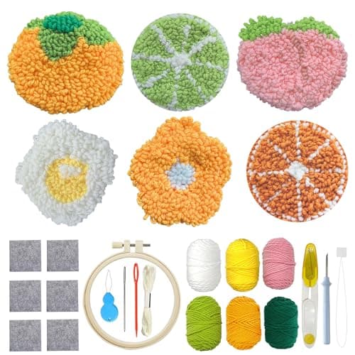 Allazone Punch Needle Coasters Kit 6 Pattern Embroidery Punch Needle Kits Punch Embroidery Kit Fruit Pattern Coasters with Felt Yarns Hoop Tools for DIY Crafts