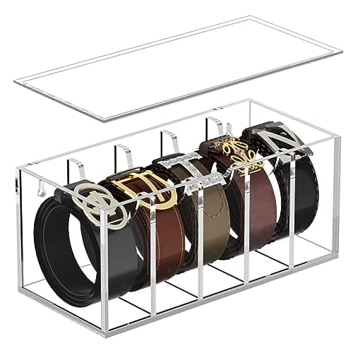 FEMELI Belt Organizer, Acrylic Belt Storage for Closet with Lid, 5 Compartments Belt Container Display Holder for Drawer, Tie Case for Women Men Home