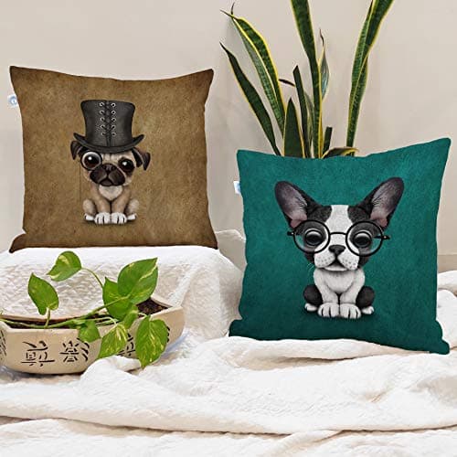 STITCHNEST Set of 2 Jute Cushion Covers – 16x16 Inches – Cute Puppy & French Bulldog Prints – Designer Decorative Pillow Covers for Sofa, Living Room & Bedroom | Perfect for Home Decor