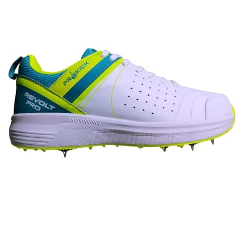 Prokick Revolt Pro Spike Cricket Shoes | Lightweight & Durable | Metal Spikes for Superior Grip | Ideal for Batting, Bowling & Fielding White/SEA Green/Lime Yellow-7 UK