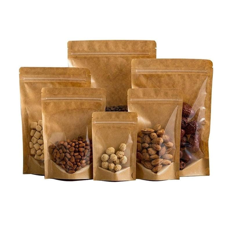 VELEXE Reusable Zip Lock Stand Up Pouches | Size: 180mm*260mm | Capacity: 750 Grams | Pack of 20 | Brown Kraft Paper & Transparent | Waterproof Leakproof Airtight Multi-Purpose Storage with Top Notch