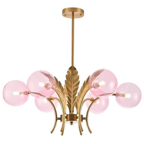 BOKT Modern Sputnik Chandeliers 6-Lights Island Pendant Lighting Fixture Mid Century Ball Chandelier with Pink Globe Lampshade Gold Sphere Ceiling Light for Dining Room Living Room Girls Room