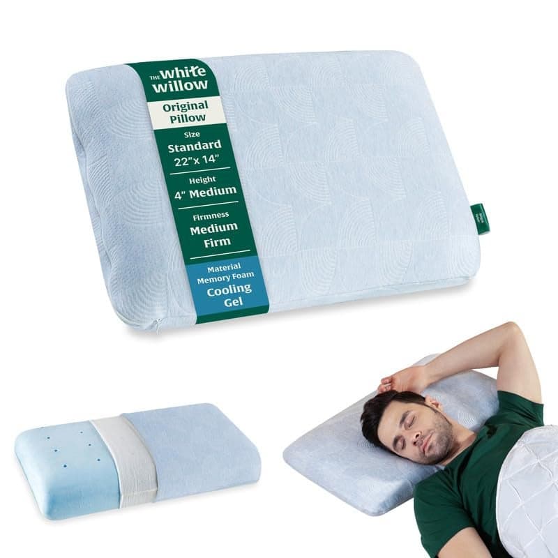 The White Willow Memory Foam Pillow for Neck & Shoulder Pain Relief-Cool Gel-Cervical Pillow for Sleeping-Orthopedic Bed Pillow for Back, Side & Stomach Sleepers-Medium Firm-Standard Size-4" H-Blue