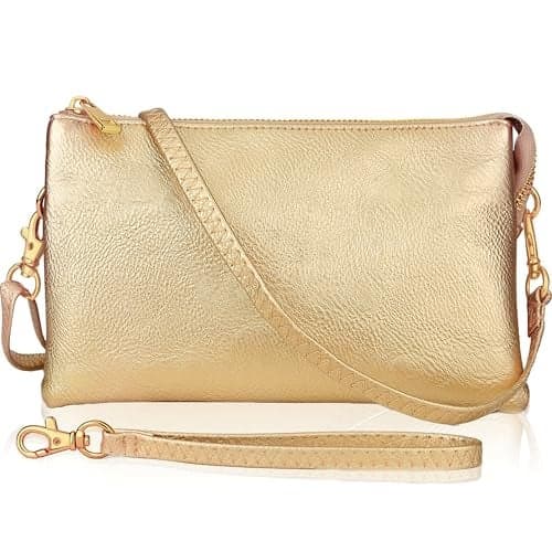 Humble Chic NY Gold Crossbody Purse - Small Gold Wristlet Purse, Crossbody Clutch Wallet for Women, Vegan Leather Clutch Wristlets for Women, Dressy Evening Handbags, Small Vegan Leather Bag