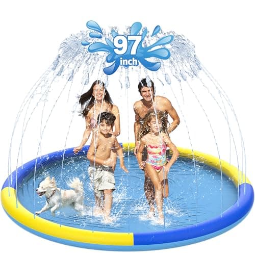 CACSPS 97 NonSlip Splash Pad for Kids and Dog Thicken Sprinkler Pool Summer Outdoor Water Toys Extra Large Backyard Wading Pool for Children Boys Girls or Pet Dog BlueYellow