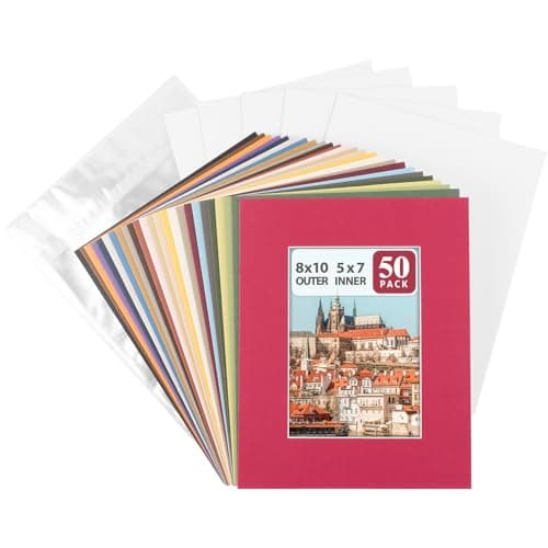 Golden State Art, Pack of 50 Mixed Colors Pre-Cut 8x10 Picture Mat for 5x7 Photo with White Core Bevel Cut Mattes Sets. Includes 50 High Premier Acid Free Mats & 50 Backing Board & 50 Clear Bags
