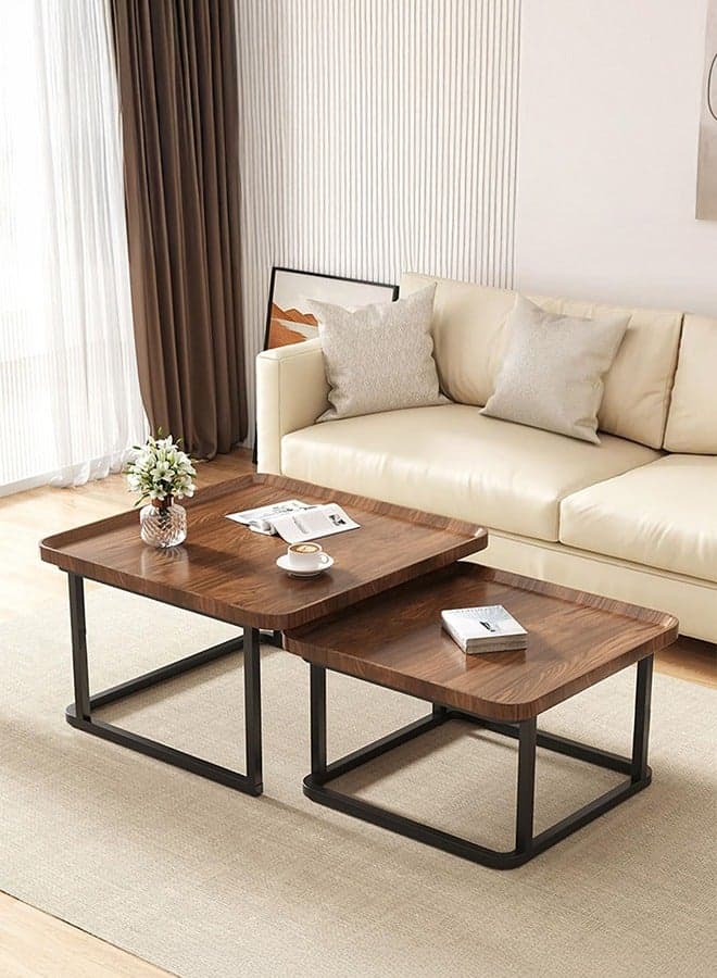 Nesting Square Coffee Table Set of 2 60cm and 50cm Walnut Finish Fluted Design Mid Century Modern Minimalist Side Tables for Small Spaces Living Room Bedroom Office Balcony Multi Functional Storage Tea Table