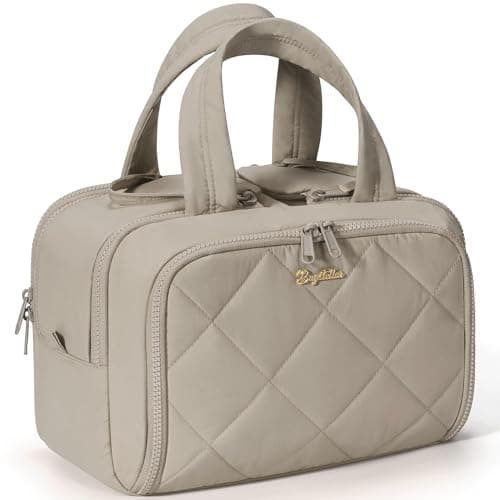 Travel Toiletry Bag, Large Wide-open Puffy Toiletry Bag for Women, Lightweight Quilted Makeup Bag Cosmetic Organizer with Handle Water-resistant Travel Essentials for Toiletries Accessories Oatmeal